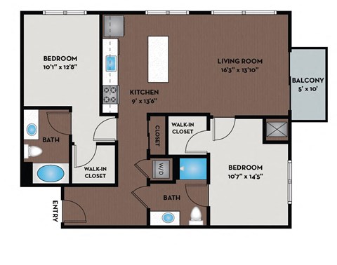 Floor plan for 2 beds, 2 baths, 1071 sqft